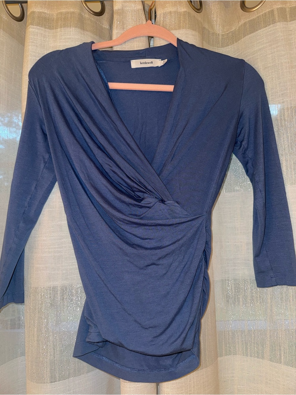 kettlewell Long Sleeve Faux Wrap Top Ruched Blue XS